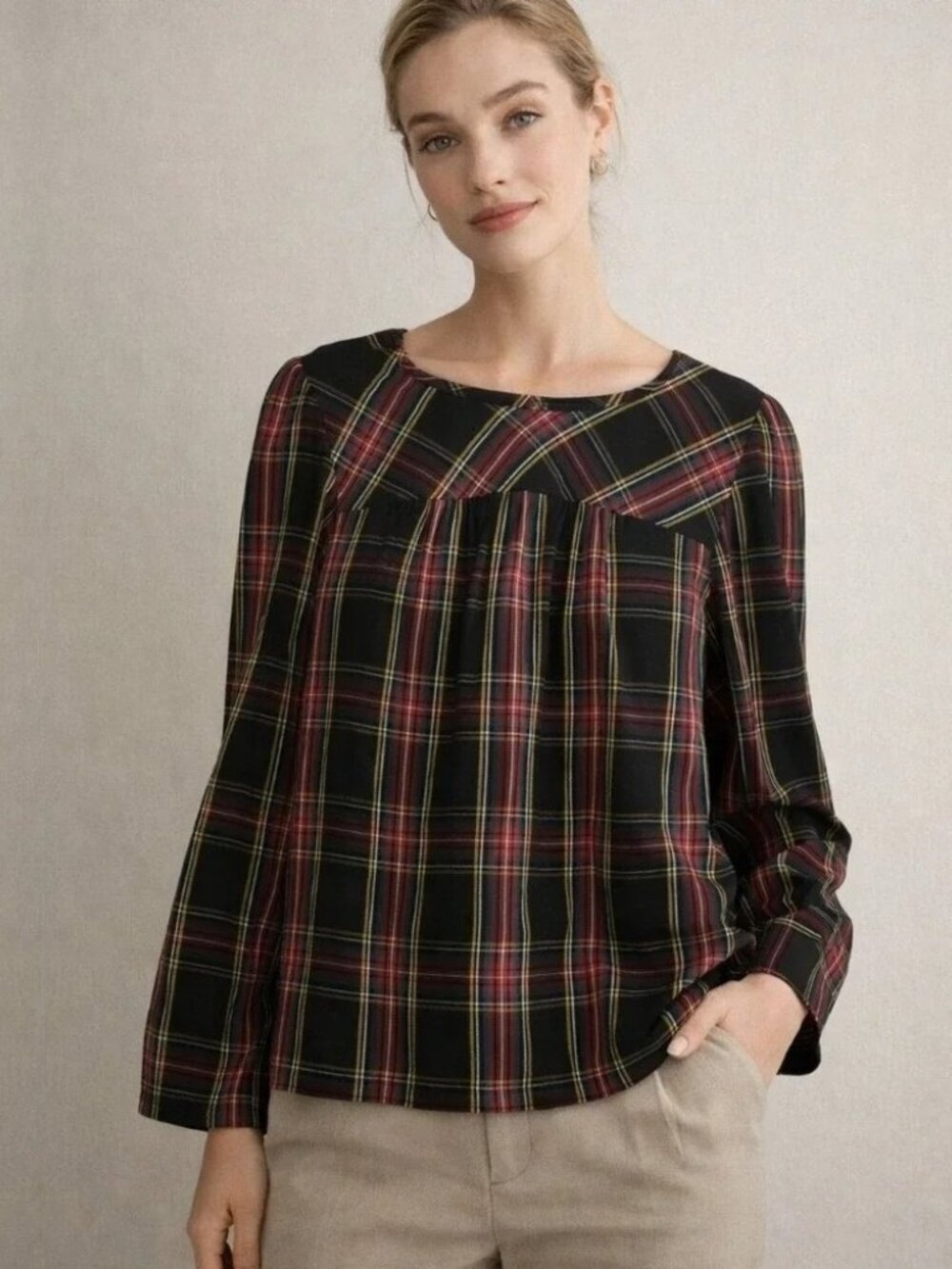 J. Crew Tartan Puff-Sleeve Top in Stretch Poplin Stewart Tartan Black Red #A3125